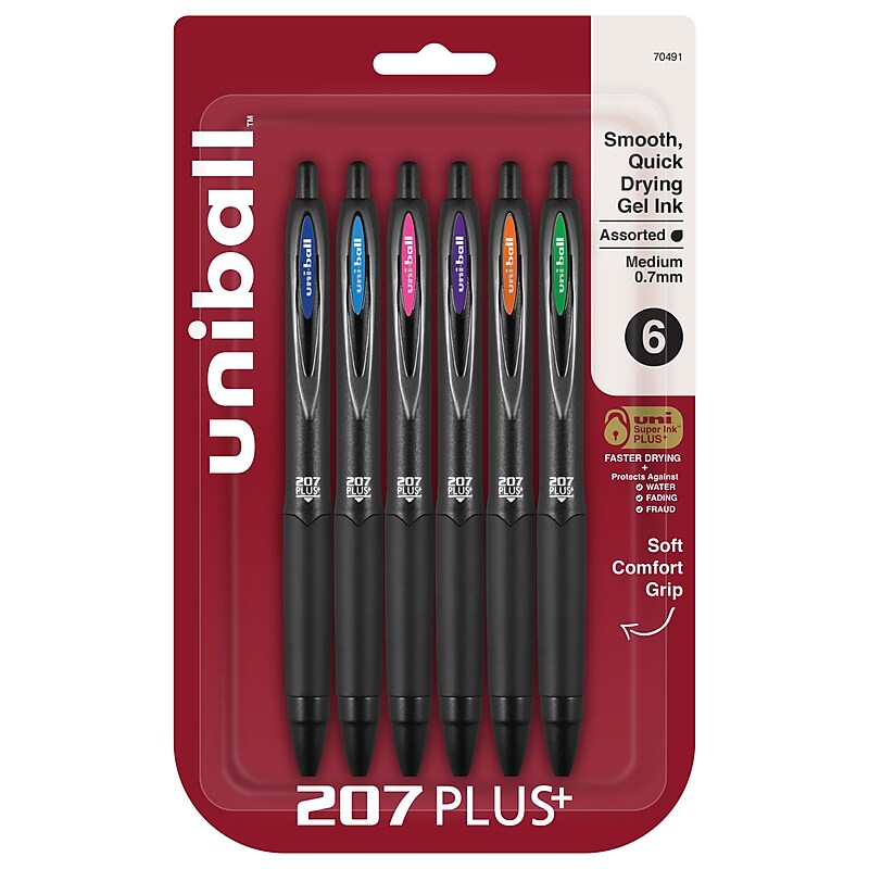 uni-ball 207 Plus+ Retractable Gel Pens, Medium Point, 0.7mm, Assorted Inks, 6/Pack (70491) image 1