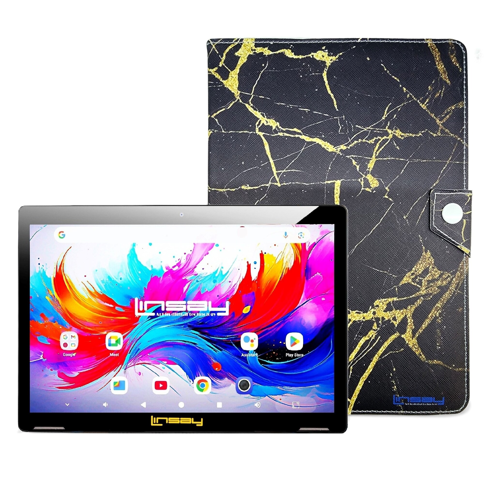 LINSAY F10 Series 10.1″ Tablet, Wi-Fi, Octa Core, 256GB eMMC, Android 15, Black & Golden Marble Case (F10IPGCBLAPLUS) Sansujyuku sansujyuku.com