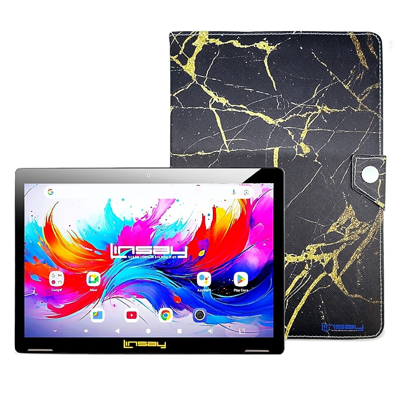 LINSAY F10 Series 10.1" Tablet, Wi-Fi, Octa Core, 256GB eMMC, Android 15, Black & Golden Marble Case (F10IPGCBLAPLUS) image 1