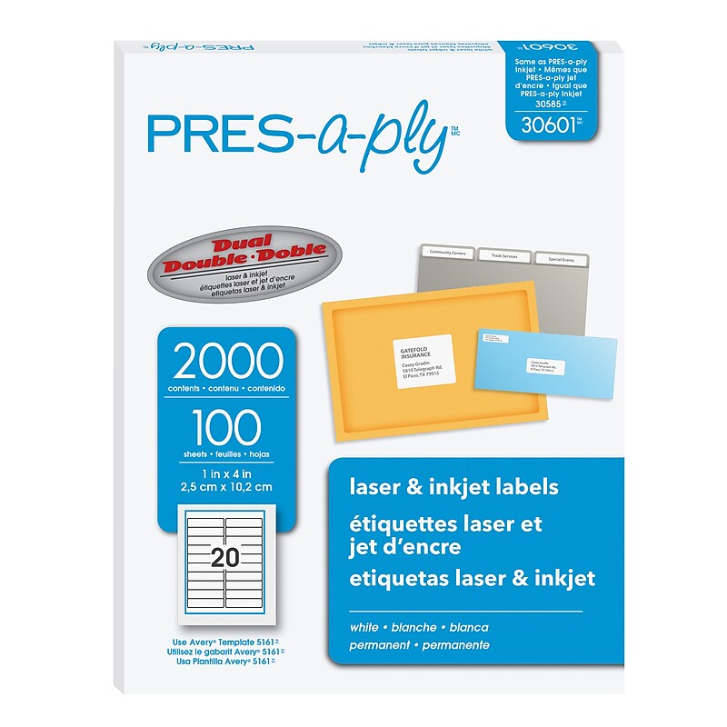 PRES-a-ply Laser/Inkjet Address Labels, 1" x 4", White, 20 Labels/Sheet, 100 Sheets/Box, 2,000 Labels/Box (30601) image 1