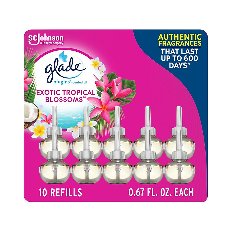 Glade PlugIns Scented Oil Air Freshener Refill, Exotic Tropical Blossoms, 0.67 Fl. Oz., 10/Pack (353730) image 1