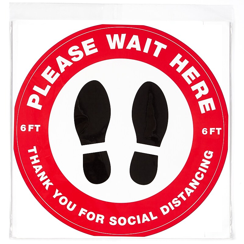 Avery Directional "Please Wait Here" Preprinted Floor Decals, 10.5" Diameter, White/Red, 5/Pack (83090) image 1