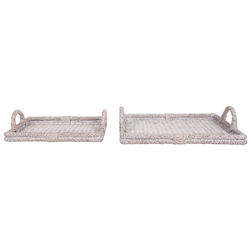 Storied Home Decorative Rattan Tray Set with Whitewashed Finish (DF3146) image 1