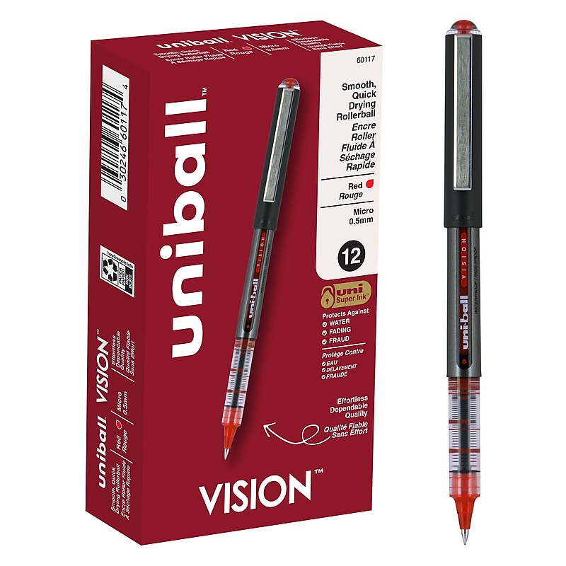uni-ball Vision Rollerball Pen, Micro Point, 0.5mm, Red Ink, 12/Pack (60117) image 1