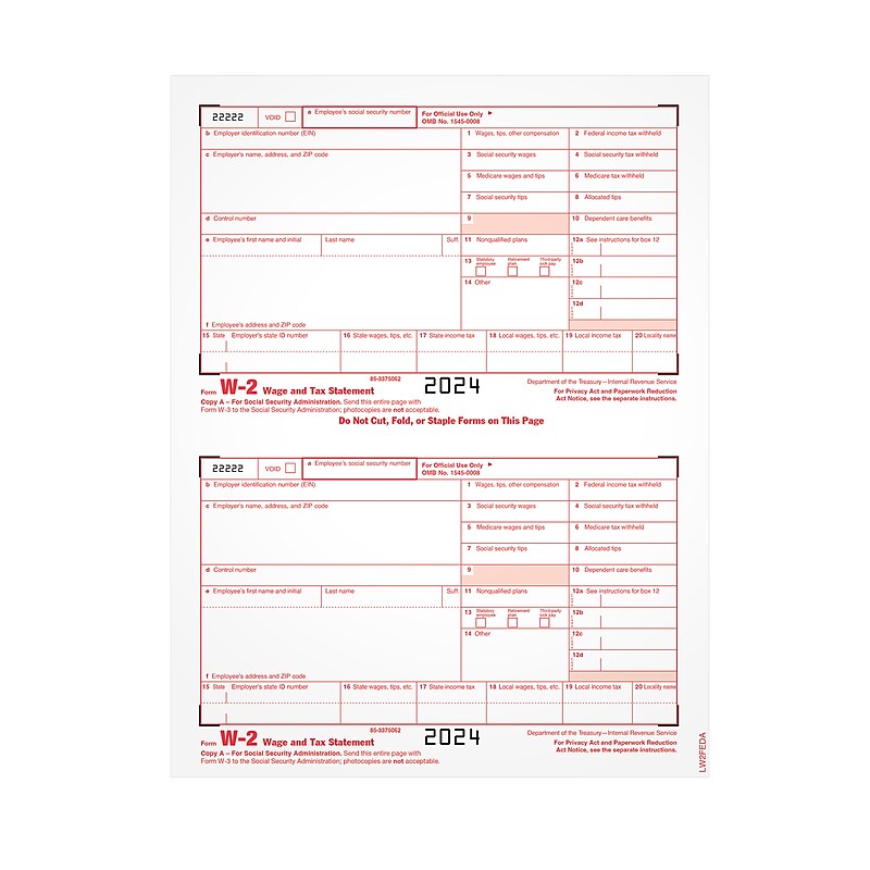 Adams 2024 W-2 1-Part Copy A Laser/Inkject Tax Forms, 100/pack (LW2FEDAW3) image 1
