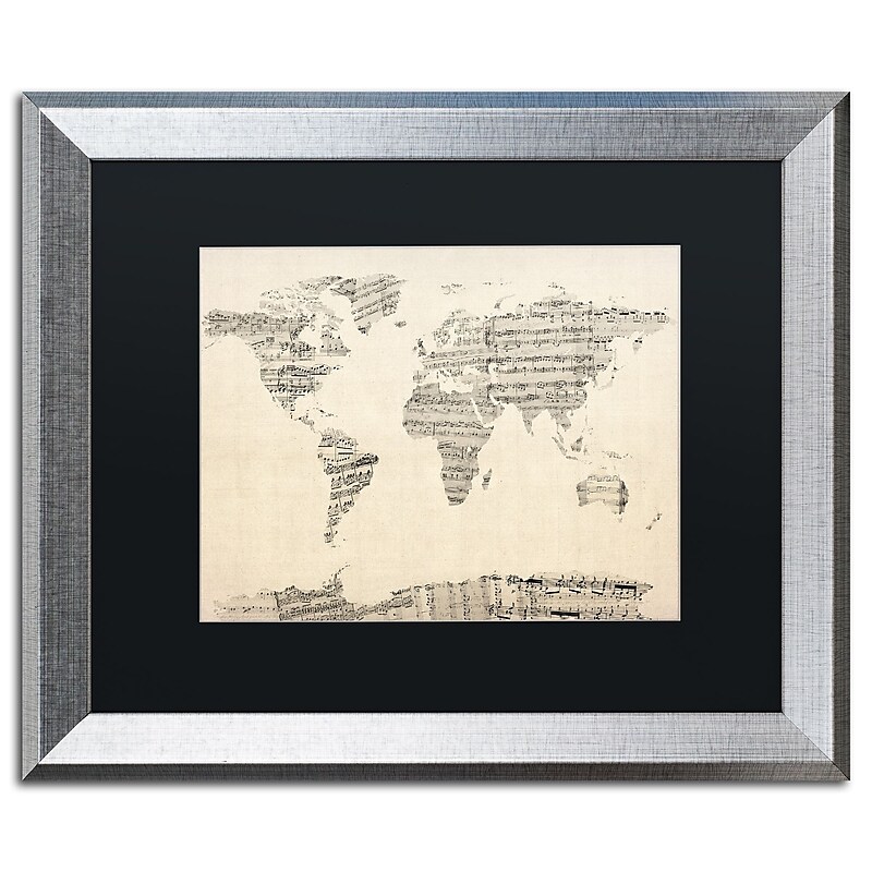 Trademark Fine Art ''Old Sheet Music World Map'' by Michael Tompsett 16" x 20" Silver Frame (MT0016-S1620BMF) image 1
