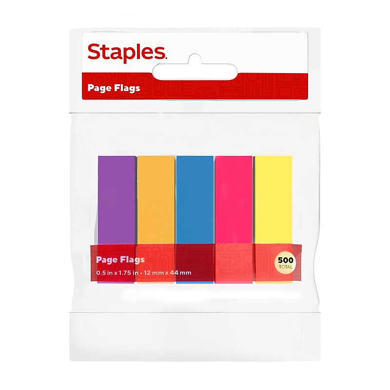 Staples Stickies Page Flags, 0.5" Wide, Assorted Colors, 500/Pack (19674) image 1