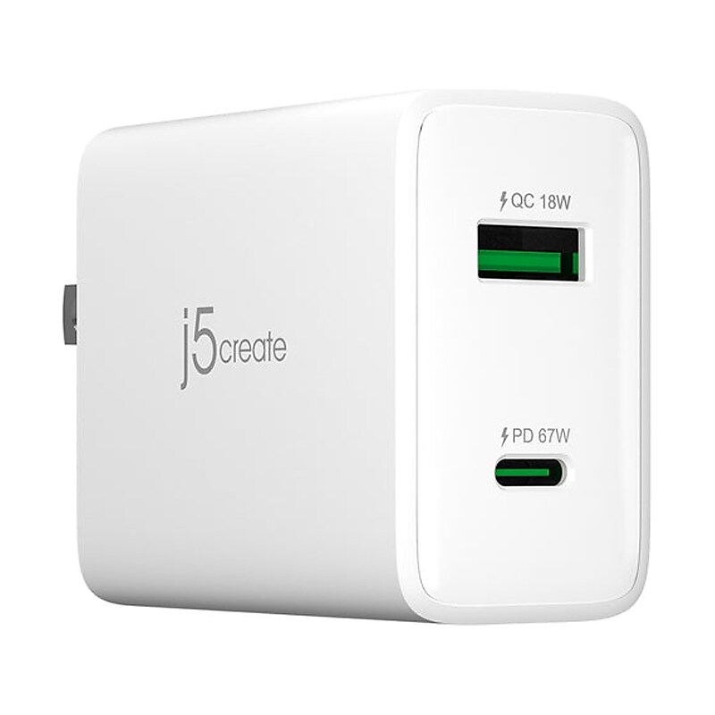 j5create 67W GaN USB-C 2-Port Charger for Laptops, Tablets and Mobile Devices, White (JUP2367) image 1