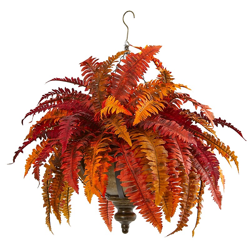 Nearly Natural 28" Autumn Boston Fern Artificial Plant in Hanging Metal Bowl (8617) image 1