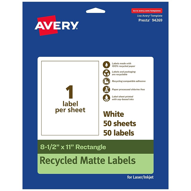 Avery EcoFriendly Laser/Inkjet Rectangle Multipurpose Labels, 8-1/2" x 11", White, 50/Box (94269) image 1