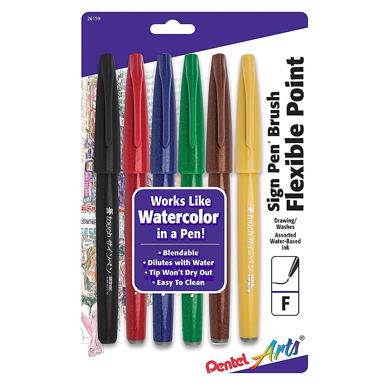 Pentel Arts Sign Pen Brush Tip, Assorted Colors, 6/Pack (PTASES15CBP6M) image 1