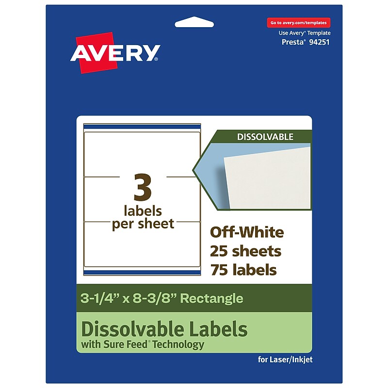 Avery Dissolvable Rectangle Multipurpose Labels, 3-1/4" x 8-3/8", Off-white, 75/Pack (94251) image 1