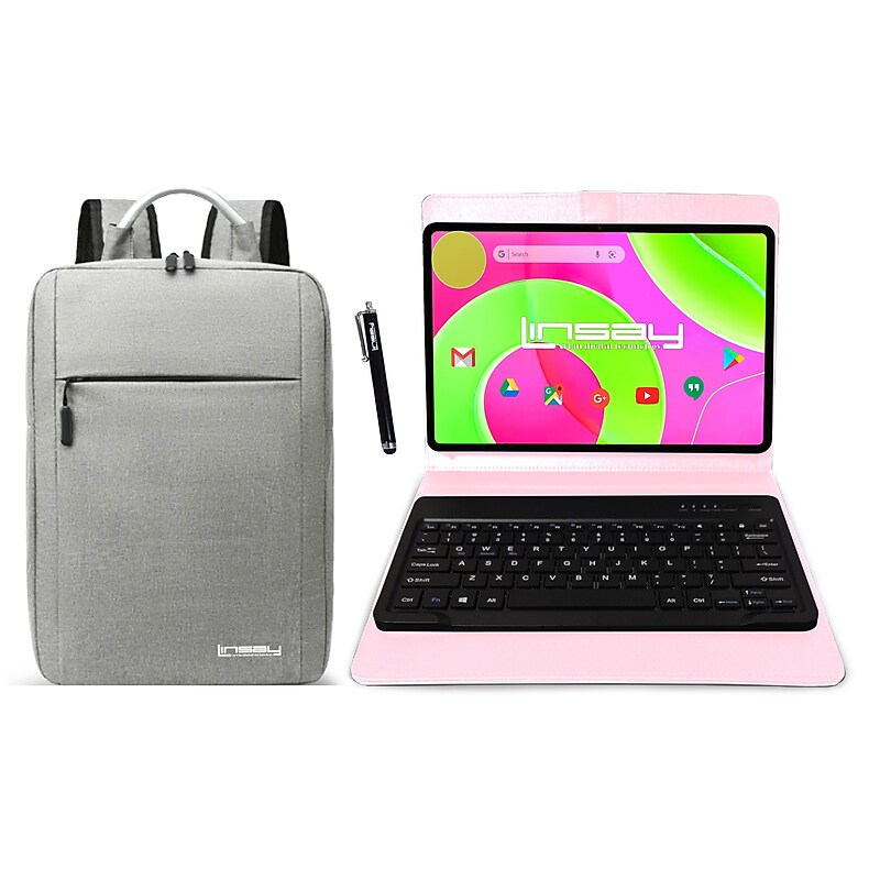 LINSAY 12" Octa Core Tablet, 8GB RAM, 256GB Storage, Android 14, Bundled with Pink Keyboard Case, Backpack and Stylus Pen image 1