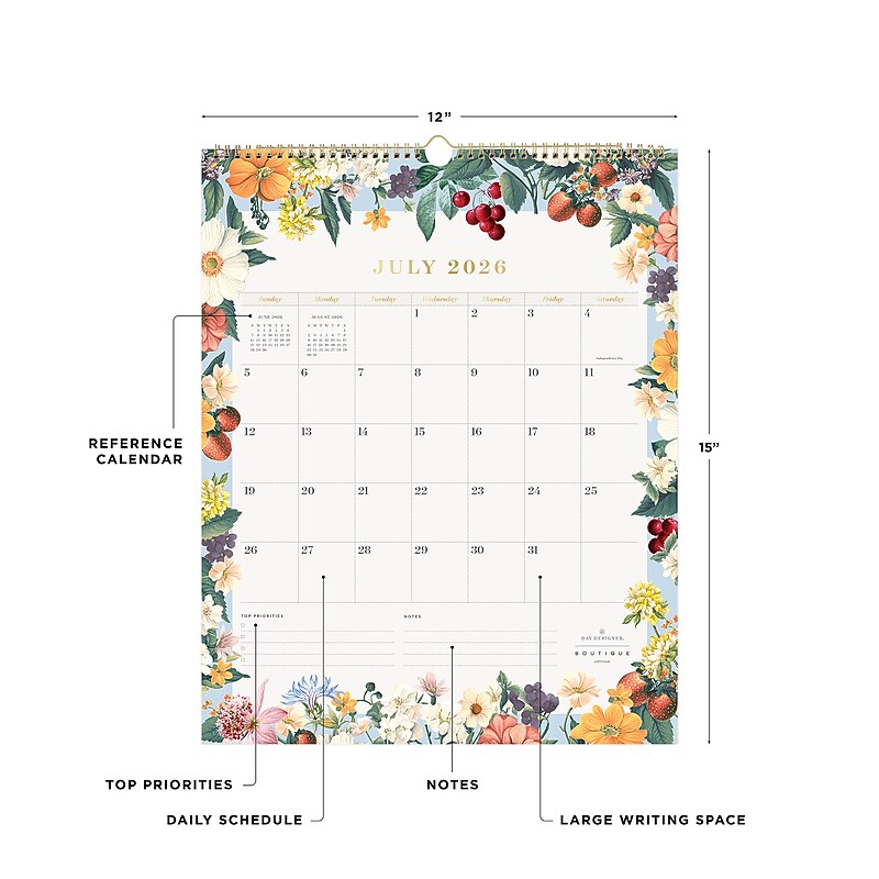 2026-2027 Blue Sky Wirebound Floral 15" x 12" Academic Monthly Wall Calendar, Assorted Colors (158150) image 1