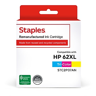 Staples Remanufactured Tri-Color High Yield Ink Cartridge Replacement for HP 62XL (TRC2P07AN/STC2P07AN)