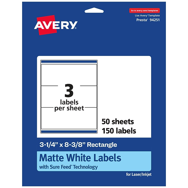 Avery Laser/Inkjet Multipurpose Labels, White, 3 Labels/Sheet, 50 Sheets/Pack (94251) image 1