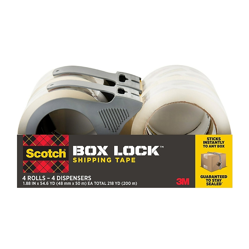 Scotch Box Lock Shipping Packing Tape with Refillable Dispensers, 1.88 in x 54.6 yd, Clear, 4/Pack (3950-4RD) image 1