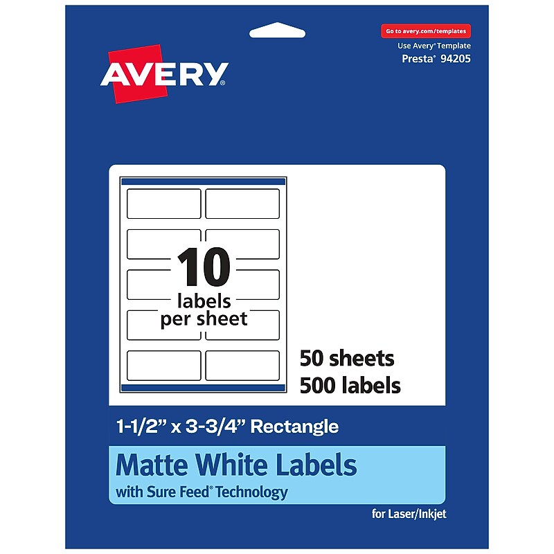 Avery Laser/Inkjet Rectangle Multipurpose Labels, 1.5" x 3.75", White, 500 Labels/Box (94205) image 1