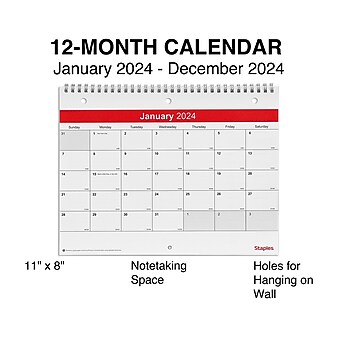 2024 Staples 11" x 8" Wall Calendar, White/Red (ST53915-24)