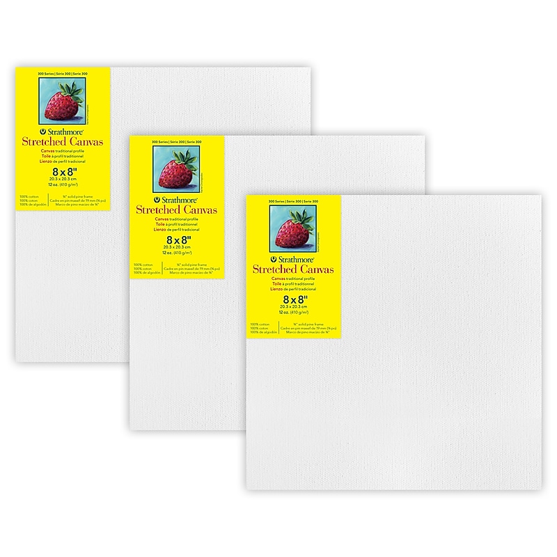 Strathmore 300 Series Primed White Stretched Canvas, 8" x 8", 3/Pack, 3/Bundle (STT31388-3) image 1