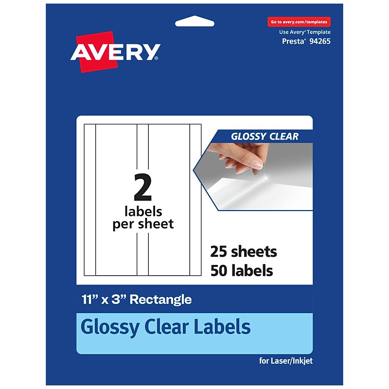 Avery Laser/Inkjet Multipurpose Labels, 3" x 11", Glossy Clear, 50/Pack (94265) image 1