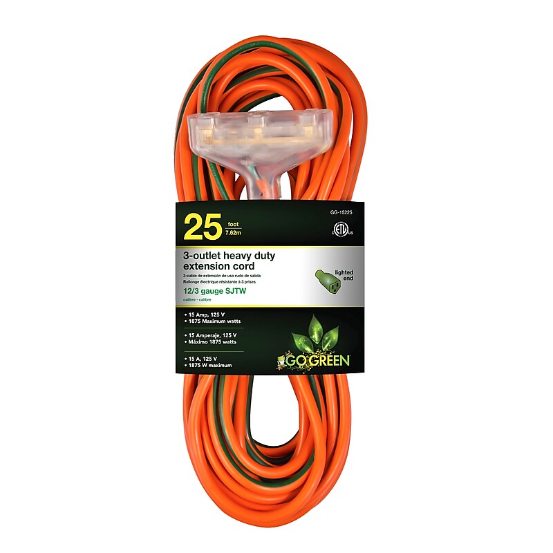 GoGreen Power 25' Indoor/Outdoor Extension Cord, 3-Outlet, 12 AWG, Orange (GG-15225) image 1
