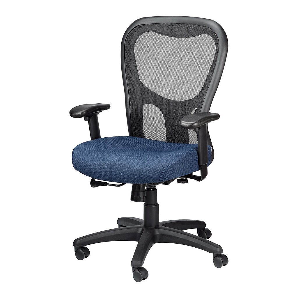 Office chair side view with mesh back and blue seat