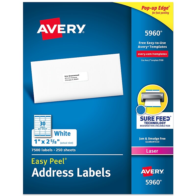 Avery Easy Peel Laser Address Labels, 1" x 2 5/8", Matte White, 7500 Labels/Box (5960) image 1