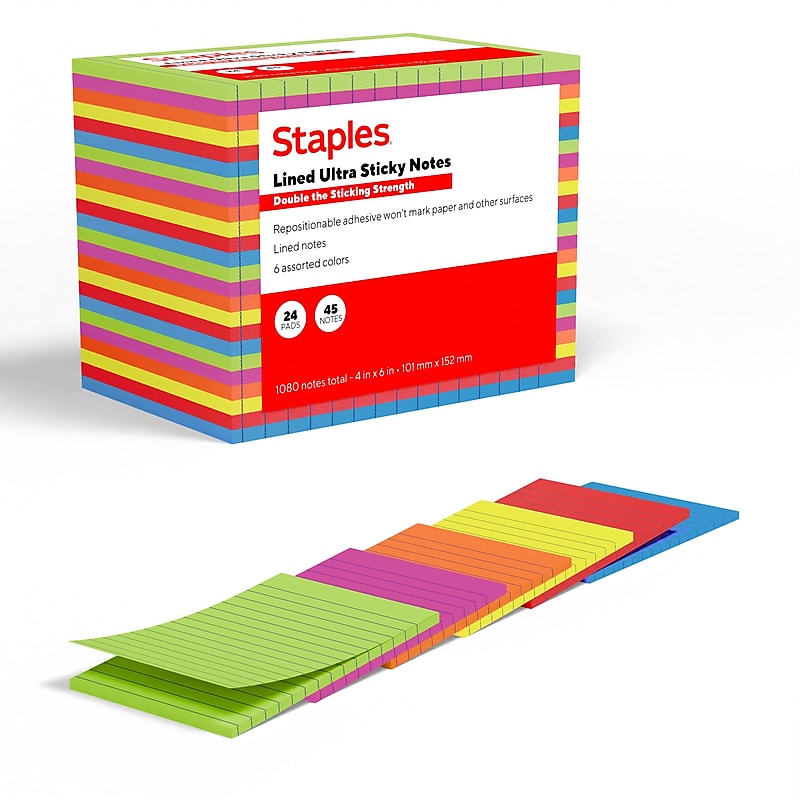 Staples Ultra Sticky Notes, 4" x 6", Summer Breeze Collection, Lined, 45 Sheets/Pad, 24 Pads/Pack (ST62892) image 1