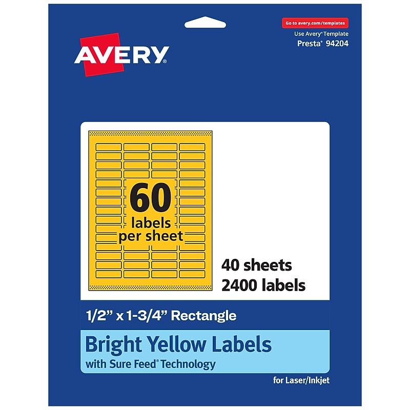 Avery Laser/Inkjet Rectangle Multipurpose Labels, 0.5" x 1.75", Bright Yellow, 2400/Pack (94204) image 1