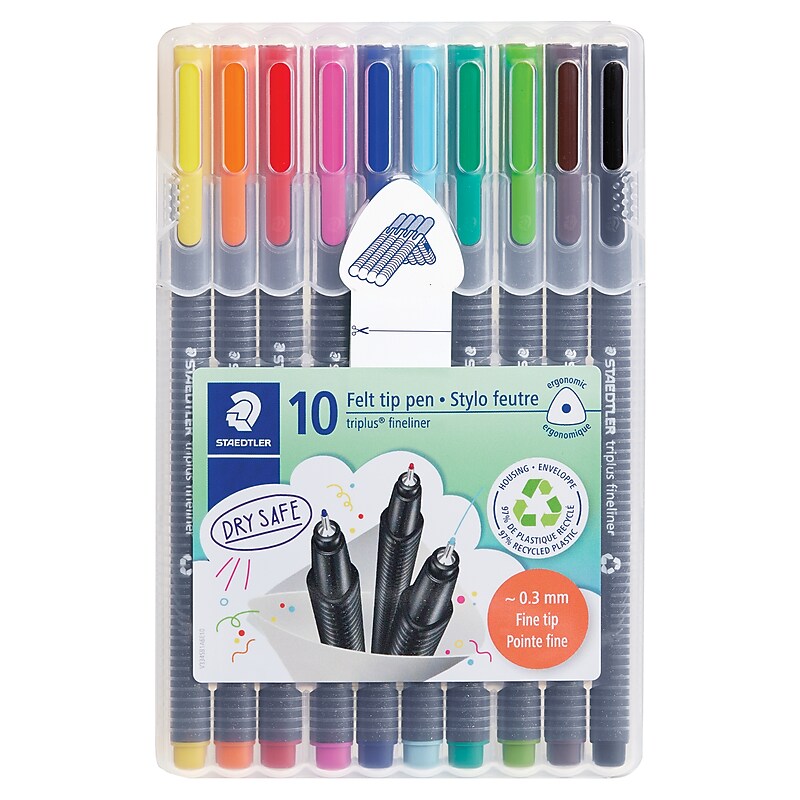 Staedtler Triplus Fineliner Felt Pens, Super Fine Point, 0.3mm, Assorted Ink, 10/Pack (334 SB10US) image 1