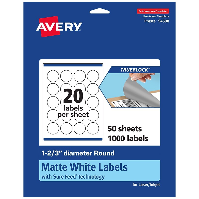 Avery TrueBlock Laser/Inkjet Circle Multipurpose Labels, 1-2/3" Dia., White, 1000/Box (94508) image 1