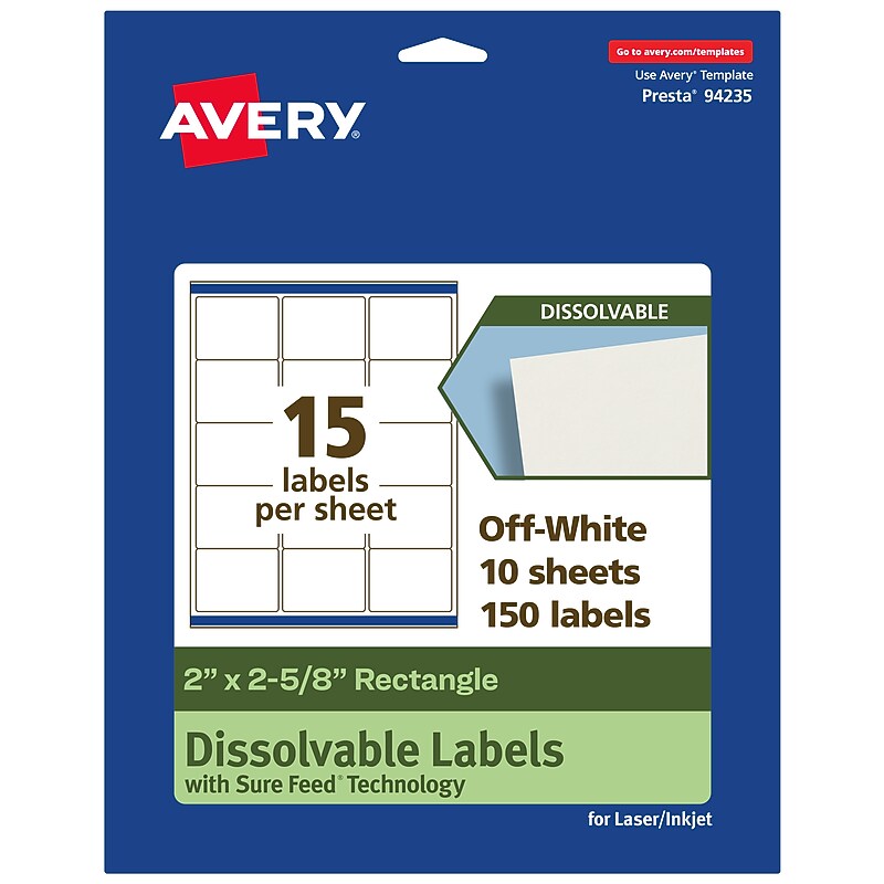 Avery Dissolvable Rectangle Multipurpose Labels, 2" x 2-5/8", Off-white, 150/Pack (94235) image 1