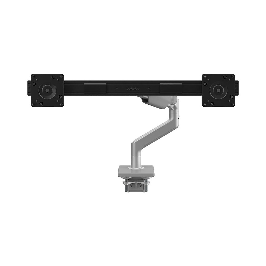 Dual monitor arm mount view from side showing clamped desk mount and central arm