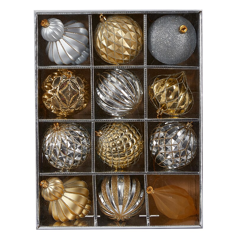 Nearly Natural Holiday Lux Shatterproof Gold Christmas Tree Ornament Set, 100mm, 12/Set (D1004-GL) image 1
