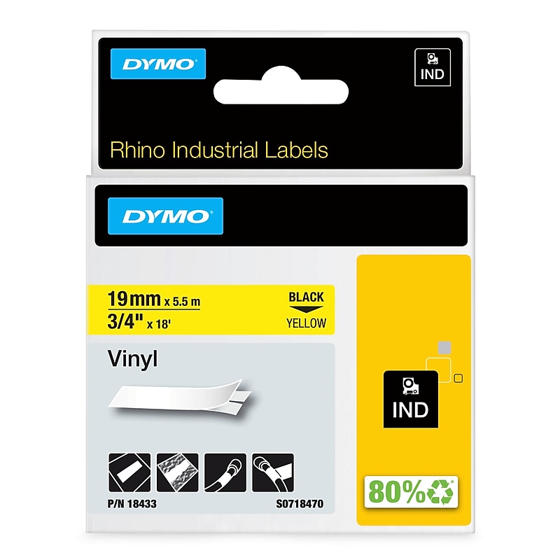 DYMO Rhino Industrial 18433 Vinyl Label Maker Tape, 3/4" x 18', Black on Yellow (18433) image 1