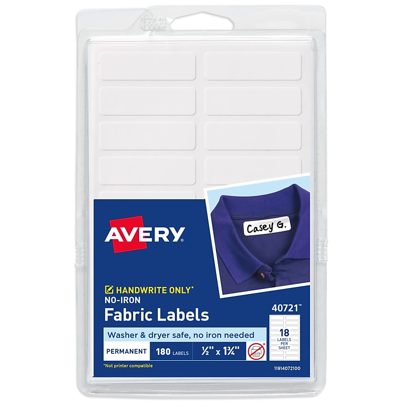 Avery No-Iron Fabric Waterproof Labels, 1/2" x 1-3/4", Handwrite Only, 180 Labels/Pack (40721) image 1