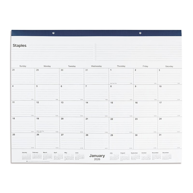 2026 Staples 21.75" x 17" Monthly Desk Pad Calendar, Navy (ST59700-26) image 1
