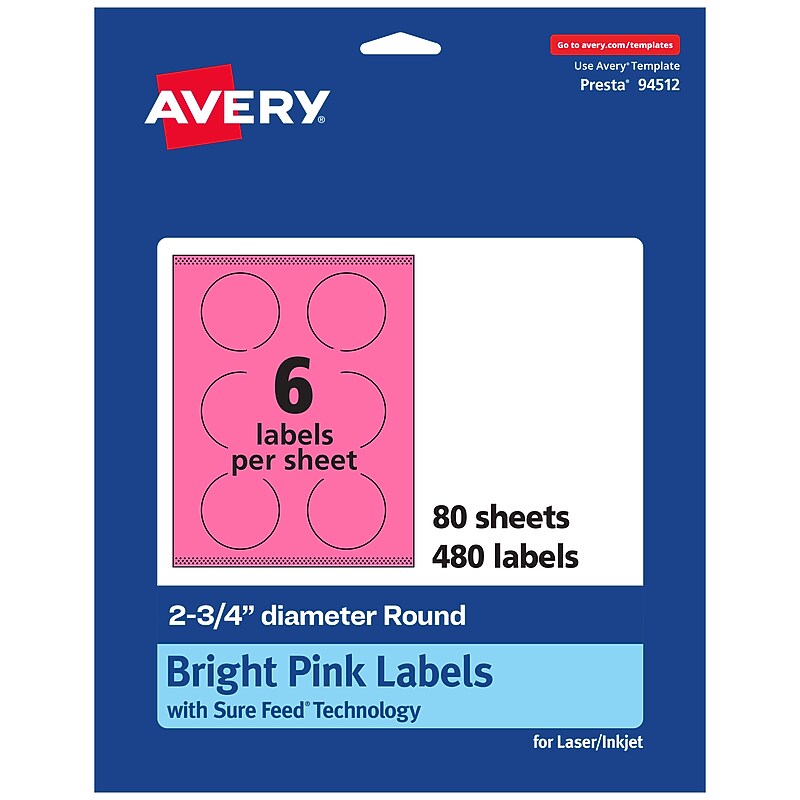 Avery Laser/Inkjet Round Multipurpose Labels, 2.75" Dia., Bright Pink, 480/Box (94512) image 1