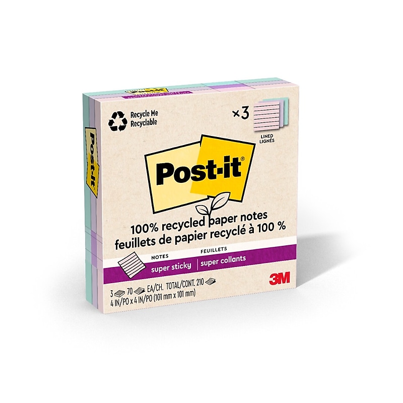 Post-it Recycled Super Sticky Notes, 4" x 4", Wanderlust Pastels Collection, Lined, 70 Sheets/Pad, 3 Pads/Pack (675R-3SSNRP) image 1
