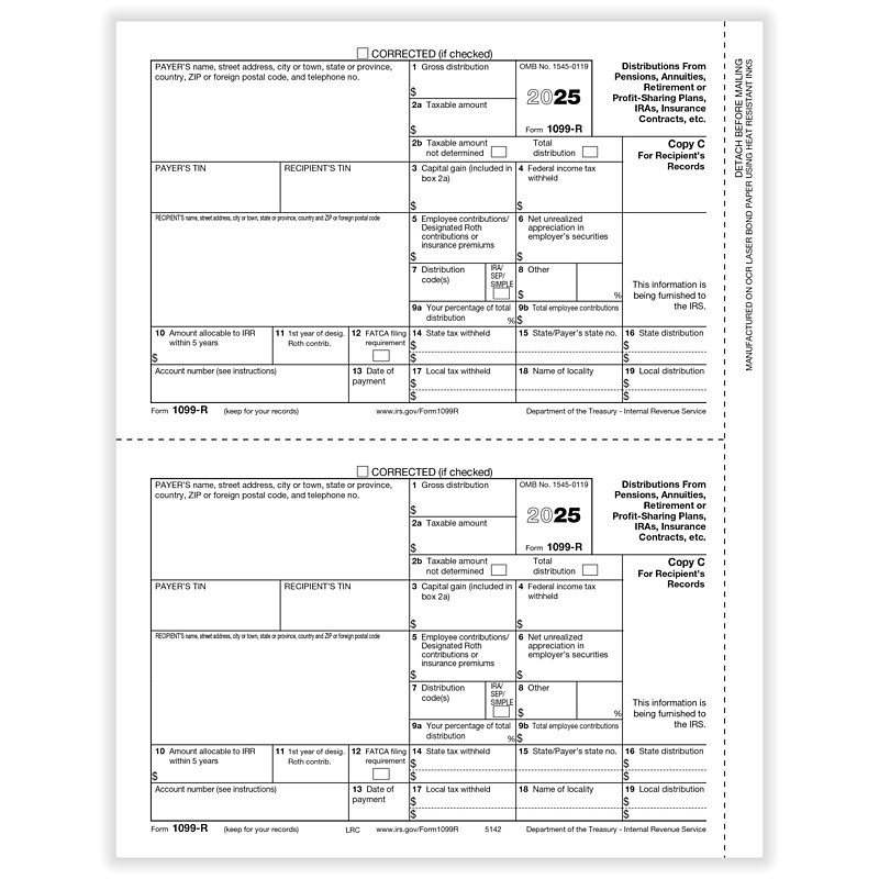 ComplyRight 2025 1099-R Tax Form, 1-Part, 2-Up, Recipient Copy C, 50/Pack (514250) image 1