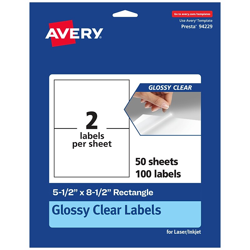 Avery Laser/Inkjet Multipurpose Labels, 8.5" x ", Glossy Clear, 100/Box (94229) image 1