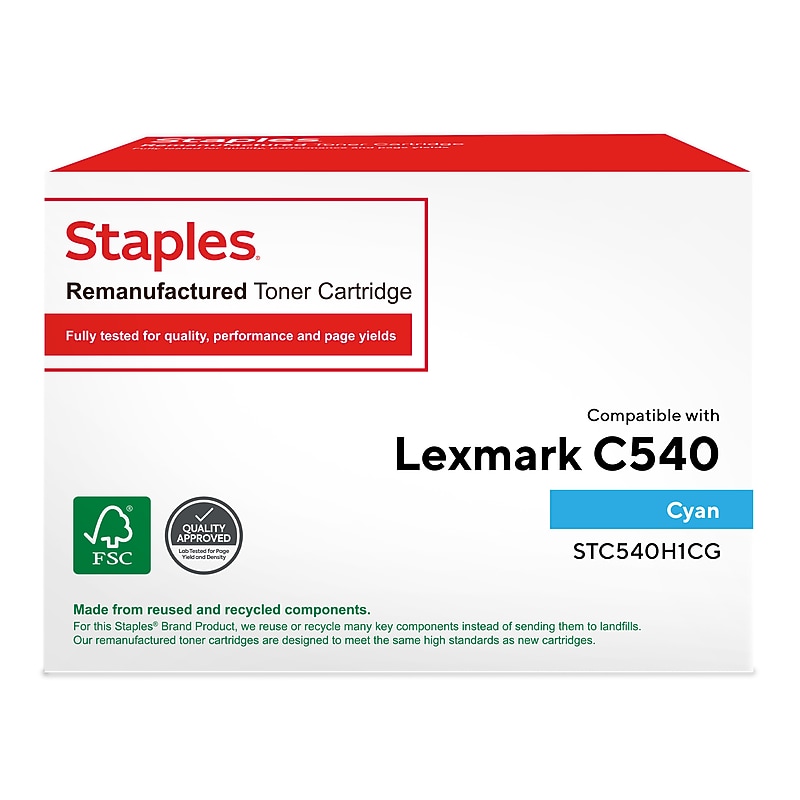 Staples Remanufactured Cyan High Yield Toner Cartridge Replacement for Lexmark (TRC540H1CG/STC540H1CG) image 1
