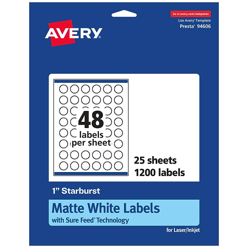 Avery Laser/Inkjet Starburst Multipurpose Labels, 1"  Dia, Matte White, 1200/Pack (94606) image 1