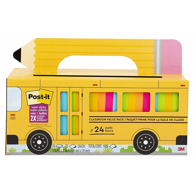 Post-it Bus Cabinet Pack Super Sticky Notes, Assorted Colors, 70 Sheets/Pad, 24 Pads/Pack (654-24SSBUS) image 1