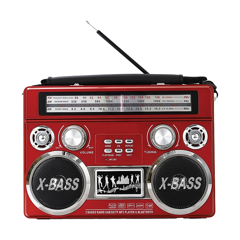 Supersonic Wireless Bluetooth Portable 3-Band Radio with Flashlight, Red (SC-1097BT-Red) image 1