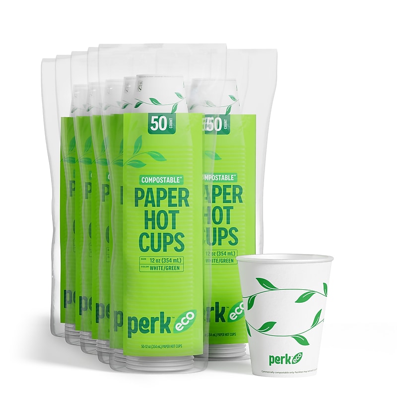 Perk™ Eco Compostable Paper Hot Cup, 12 Oz., White/Green, 500/Carton (PK56222CT) image 1