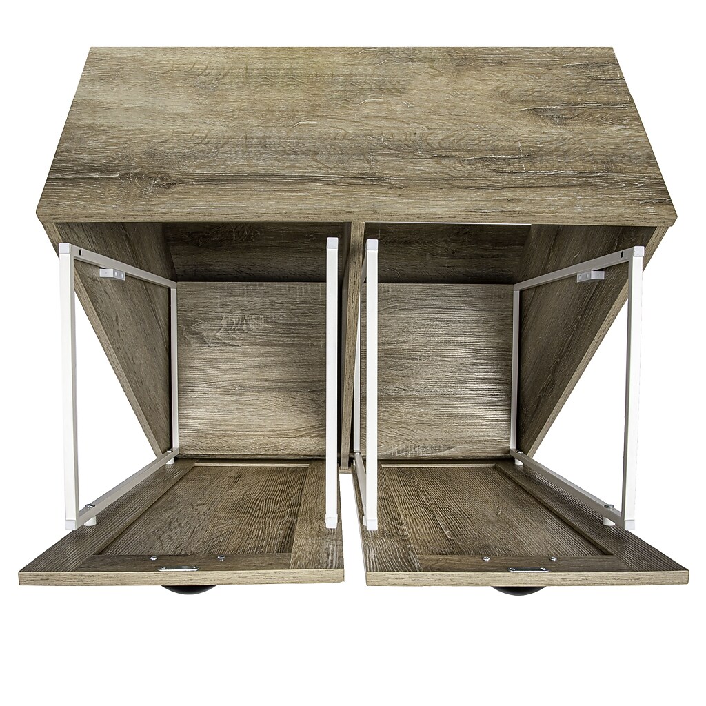 Open view of two-compartment cabinet showing interior storage with drawers.