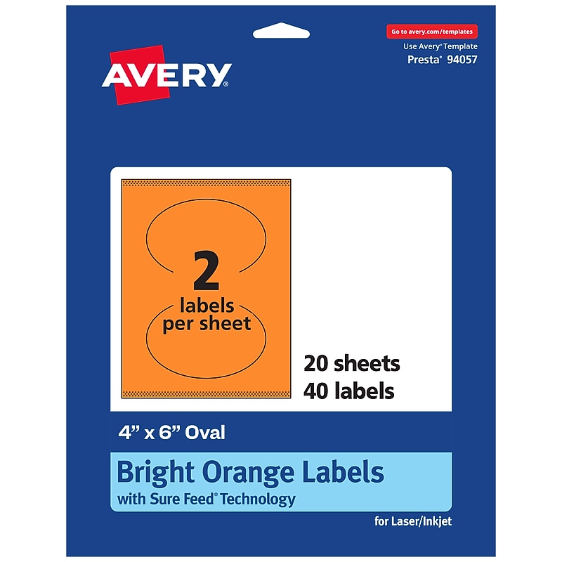 Avery Laser/Inkjet Multipurpose Oval Labels, 4" x 6", Bright Orange, 40/Pack (94057) image 1