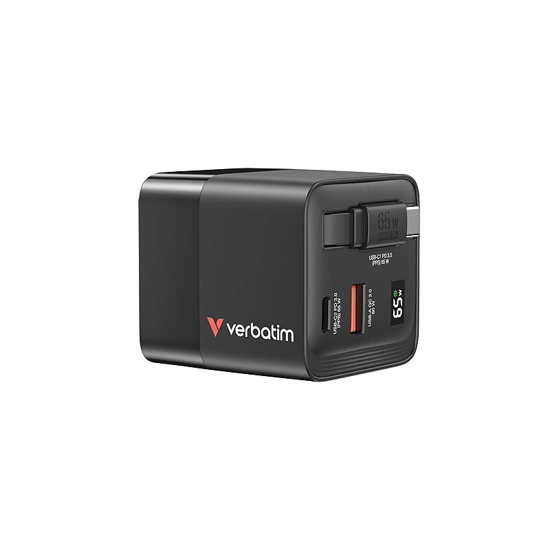Verbatim 65W GaN Charger with Retractable USB-C Cable, Black image 1